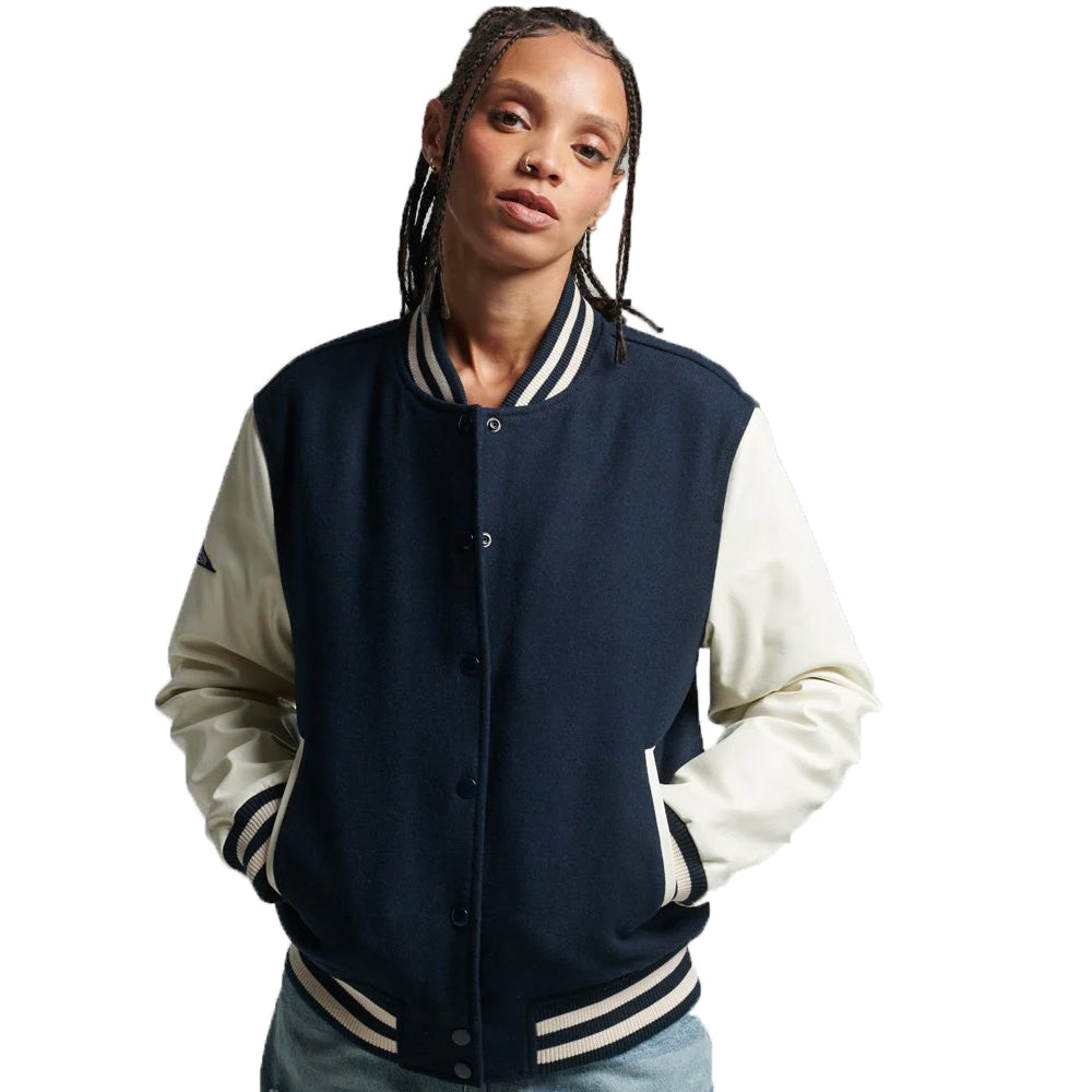 Women’s Varsity Leather Bomber Jacket In Black And White Sleeves