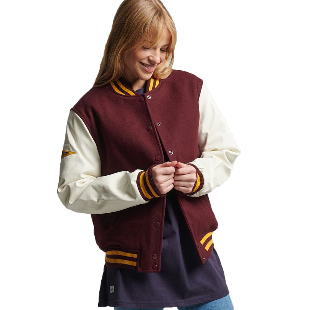 Women’s Varsity Leather Bomber Jacket In Maroon & White Sleeves