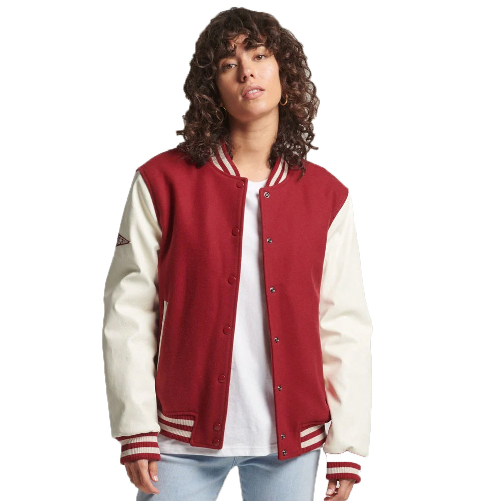 Women’s Varsity Leather Bomber Jacket In Red And White Sleeves