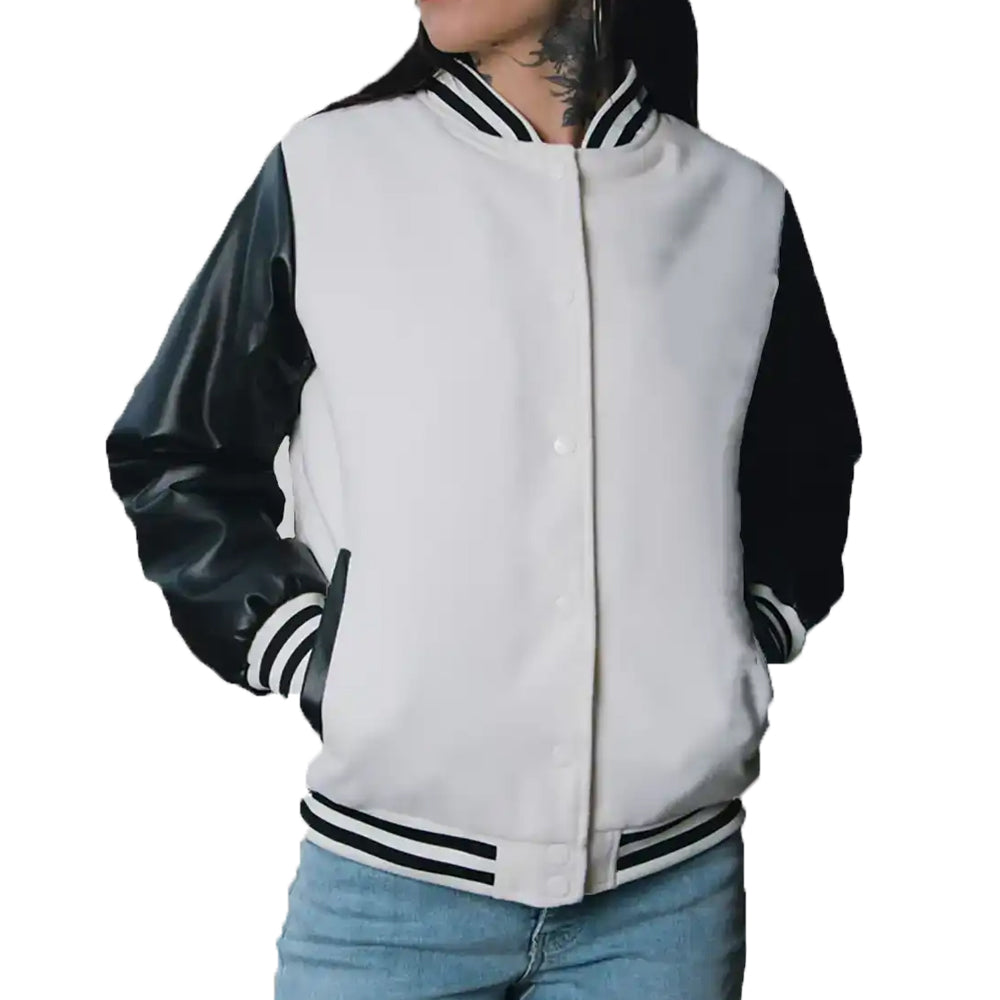 Women’s White and Black Leather Varsity Jacket