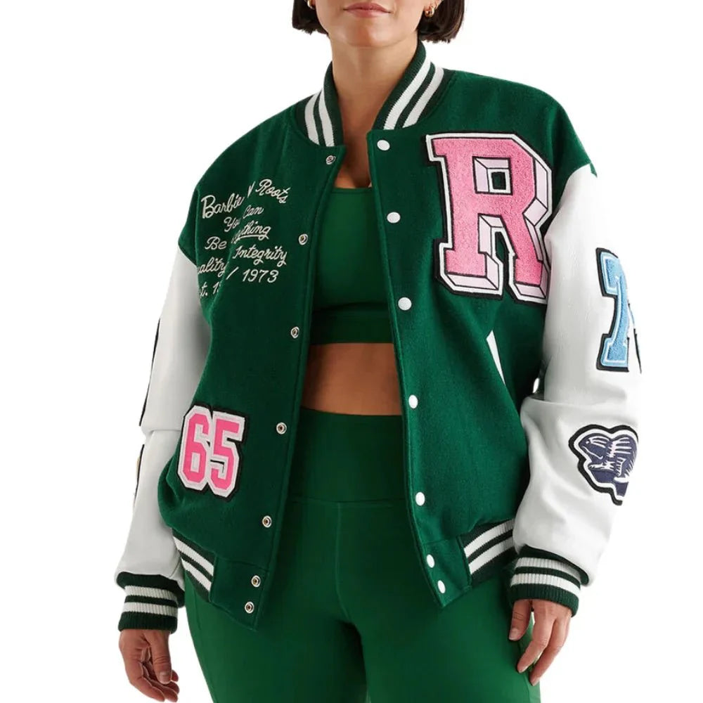 Womens Green and White Woo Blend Varsity Jacket