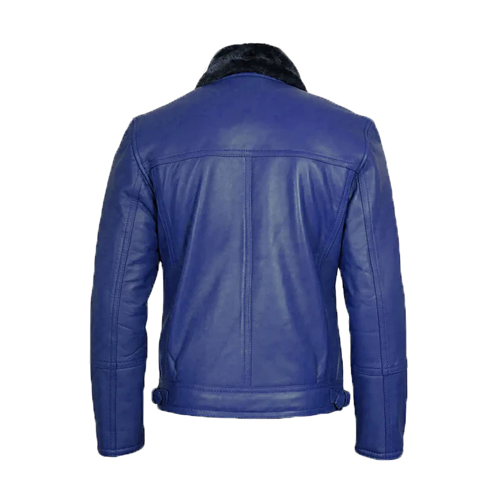 Men's Blue Leather Shearling Moto Jacket