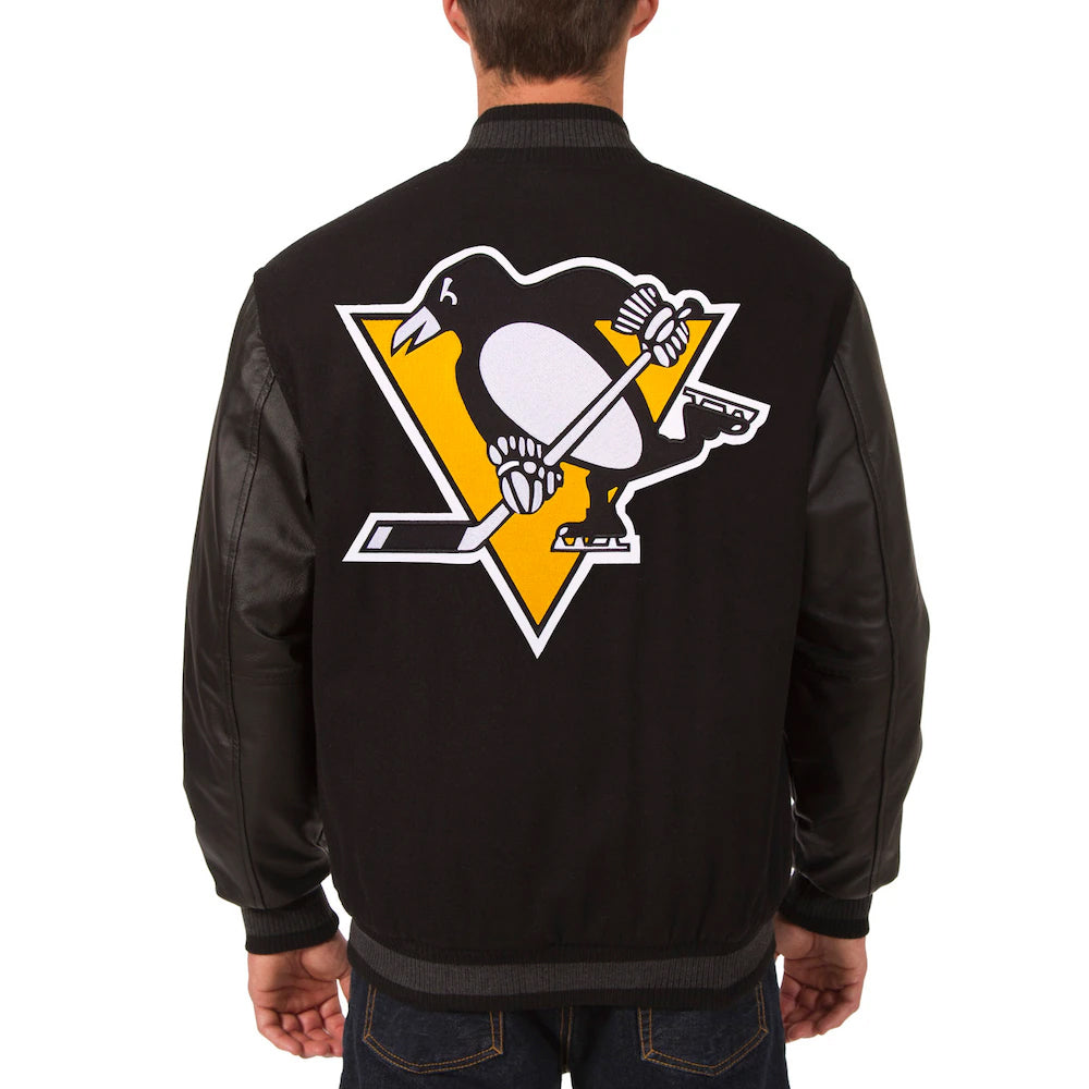 Men's Pittsburgh Penguins JH Design Black-Charcoal Wool & Leather Front Hit Reversible Jacket