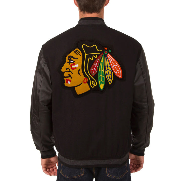 Men's Chicago Blackhawks JH Design Black Two Hit Wool & Leather Reversible Jacket