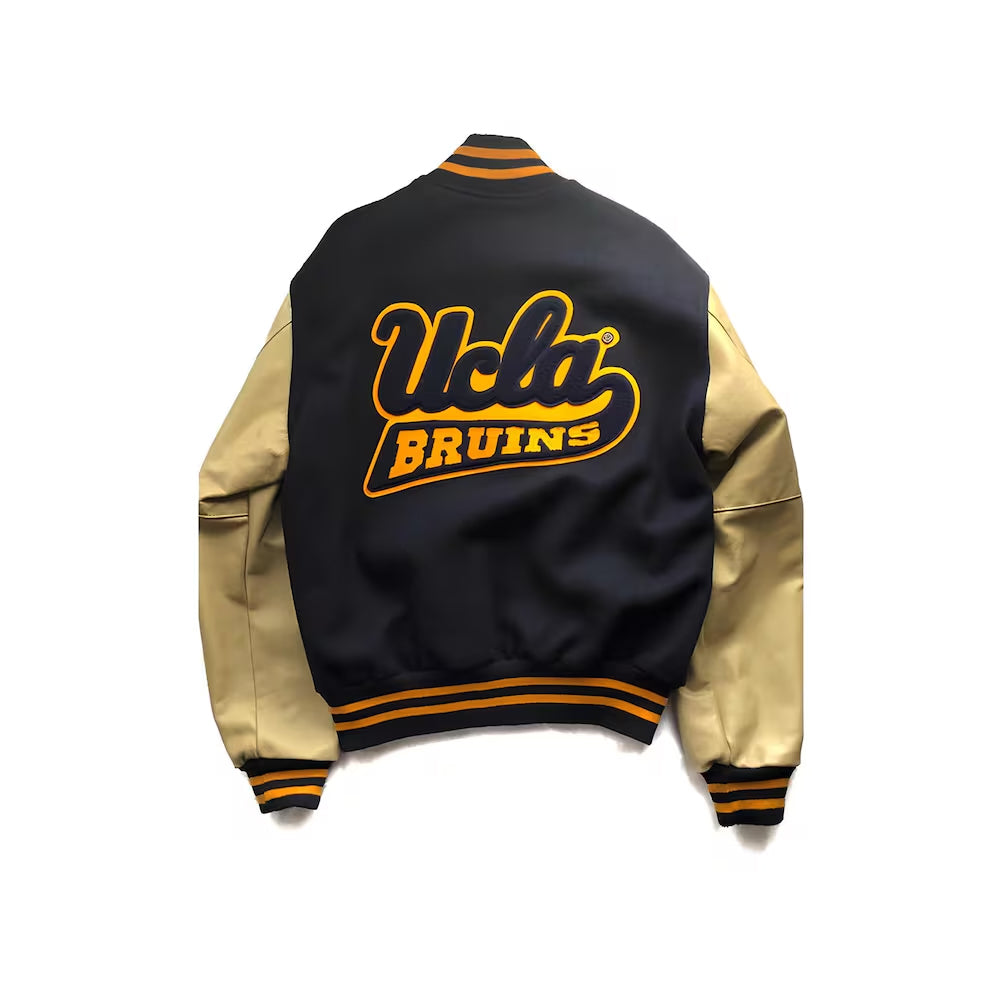 Classic Wool Men Letterman Varsity Jacket With Leather Sleeves