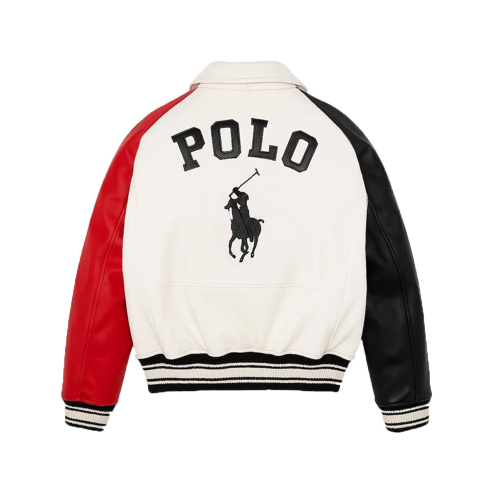 Men's Red White & Black Cowhide Leather Varsity Jacket