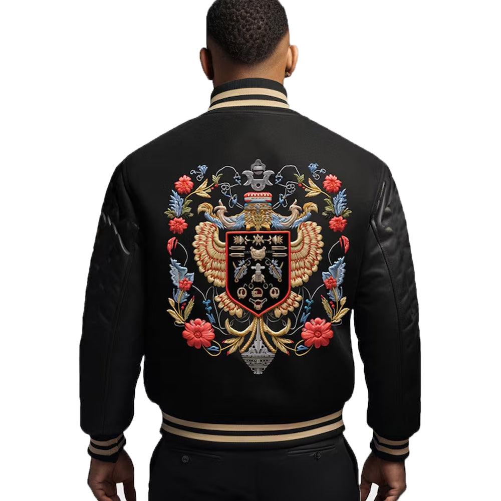 Varsity Jacket Men Black Leather Sleeves Jacket