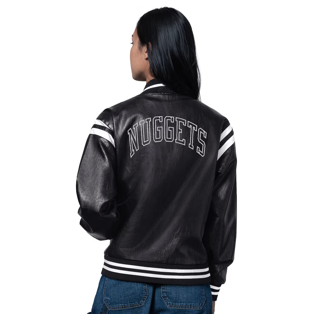 Women's Denver Nuggets Starter Black High Heat Leather Varsity Full-Snap Jacket
