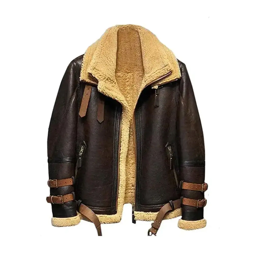 Ronald Double Belted Cuffs Collar Brown Shearling Jacket