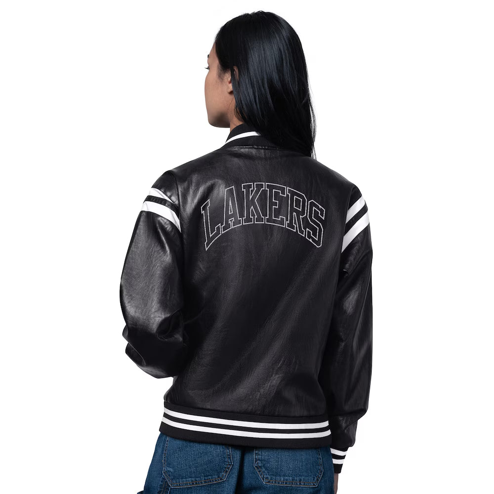 Women's Los Angeles Lakers Starter Black High Heat Leather Varsity Full-Snap Jacket