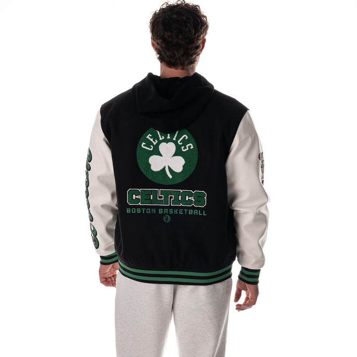 Men Boston Celtics Black Full-Snap Hooded Wool Varsity Jacket