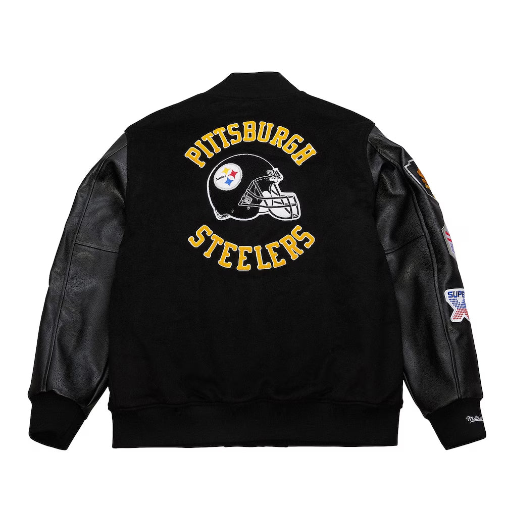 Men's Pittsburgh Steelers Mitchell & Ness Black Blackout Collection Vintage Logo Full-Snap Varsity Jacket