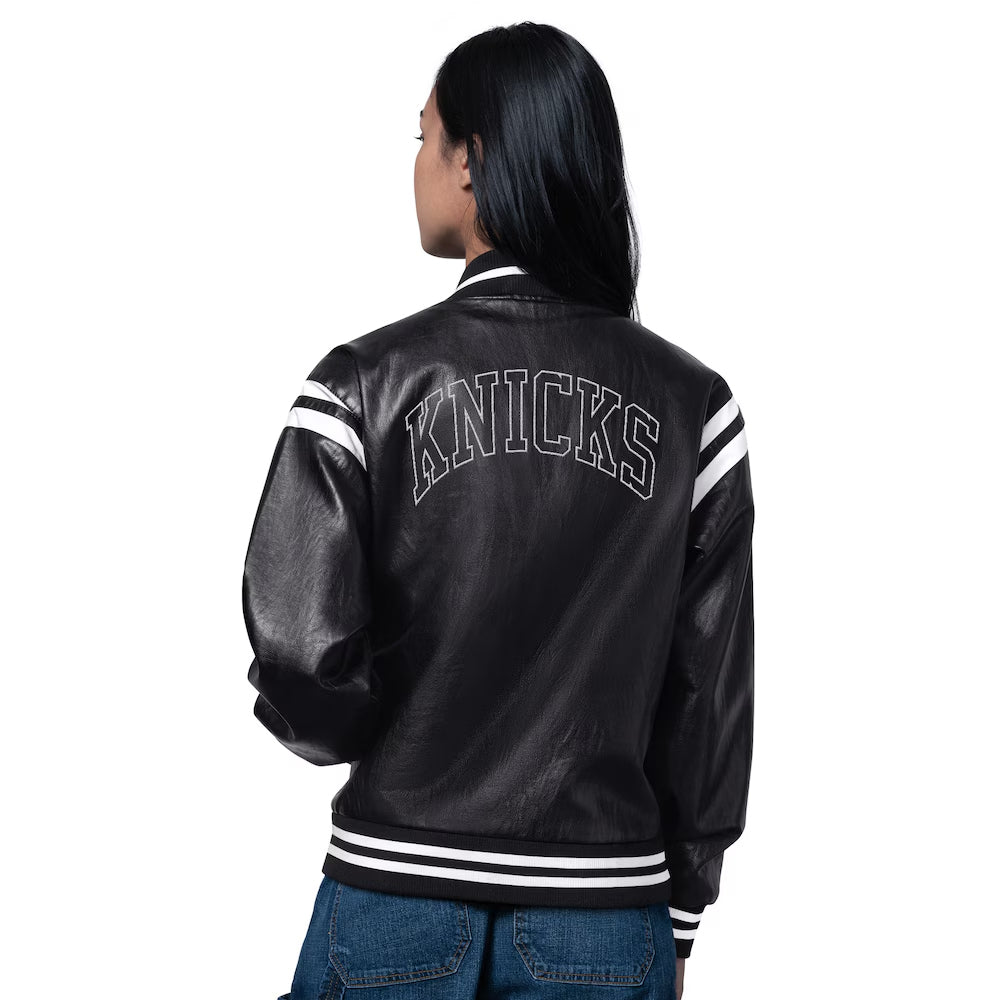 Women's New York Knicks Starter Black High Heat Leather Varsity Full-Snap Jacket