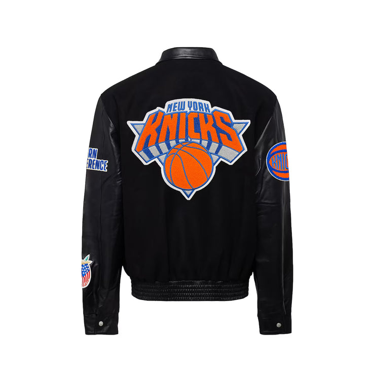 Men's New York Knicks Black Wool & Leather Full-Snap Varsity Jacket