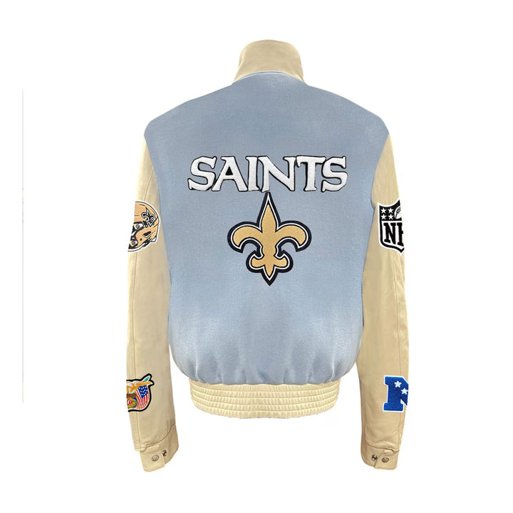 Men's New Orleans Saints Jeff Hamilton Light Blue Wool & Leather Full-Snap Varsity Jacket