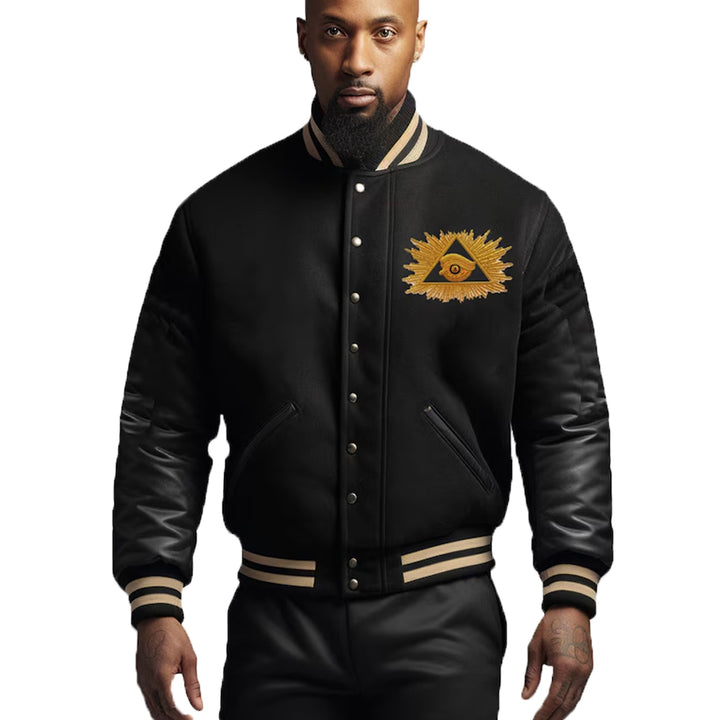 Varsity Jacket Men Black Leather Sleeves Jacket