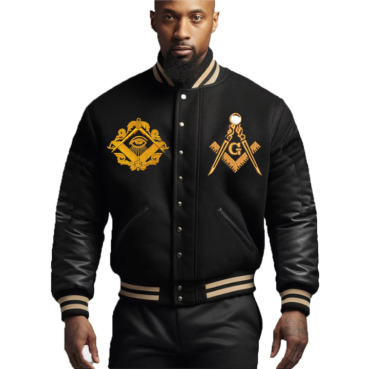 Varsity Jacket Men Black Leather Sleeves Jacket