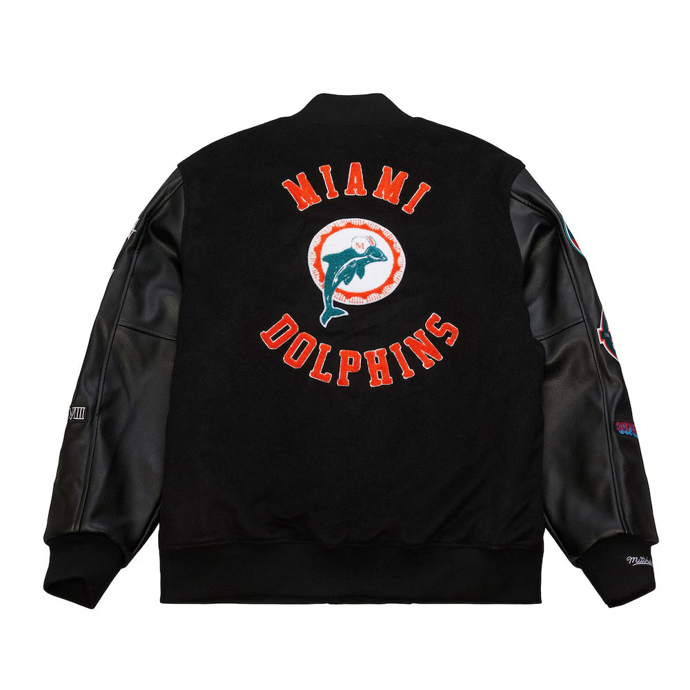 Men's Miami Dolphins Mitchell & Ness Black Blackout Collection Vintage Logo Full-Snap Varsity Jacket