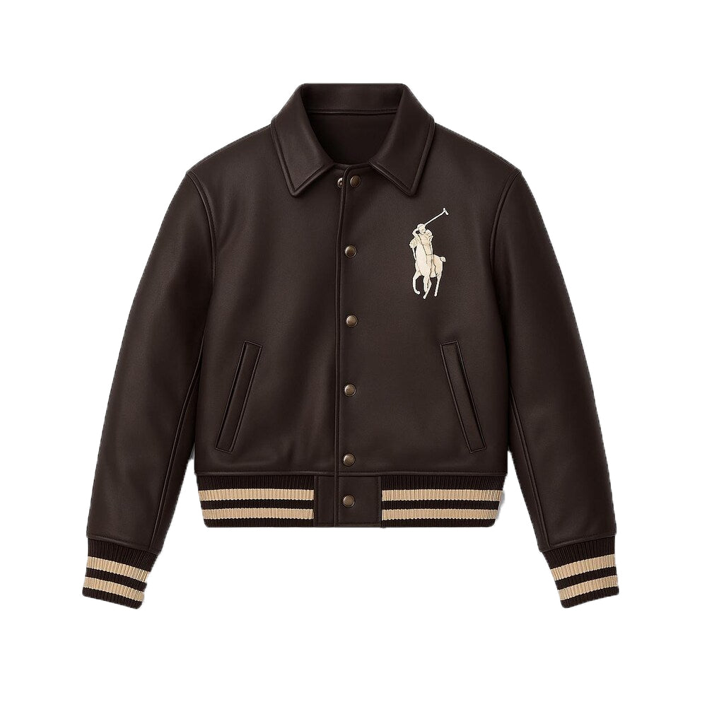 Brown Leather Varsity Bomber Jacket Retro Horse Logo Streetwear