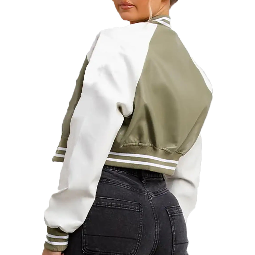 Women’s Olive Green and White Leather Varsity Jacket