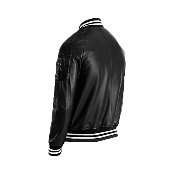 New Men's Plain Black Leather Varsity Jacket