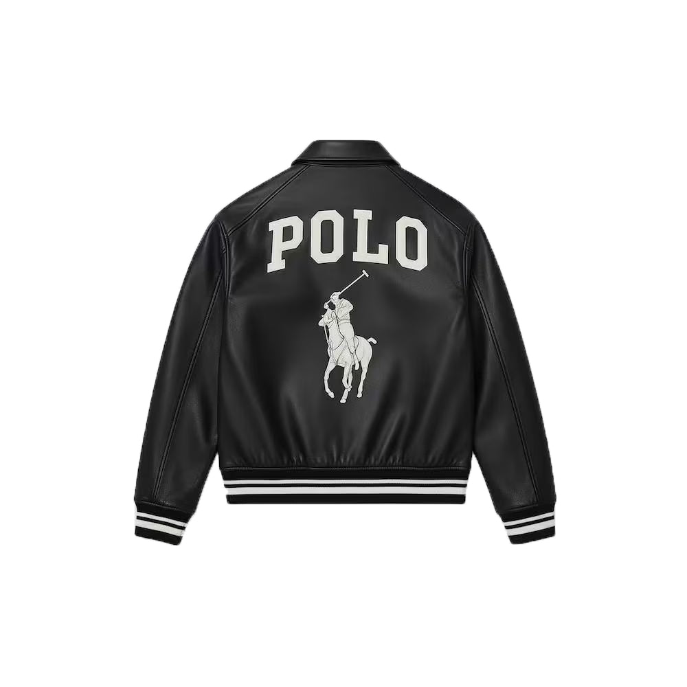 Black Leather Varsity Bomber Jacket Retro Horse Logo Streetwear