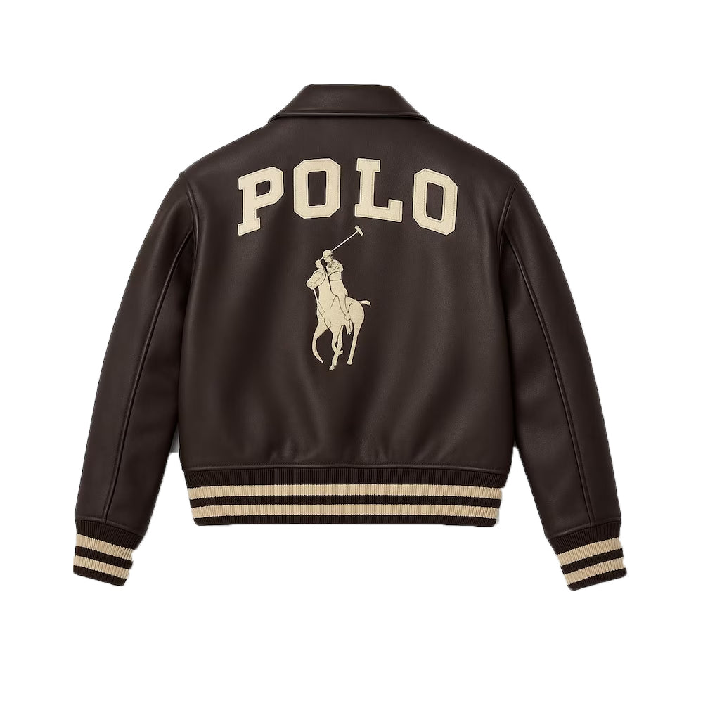 Brown Leather Varsity Bomber Jacket Retro Horse Logo Streetwear