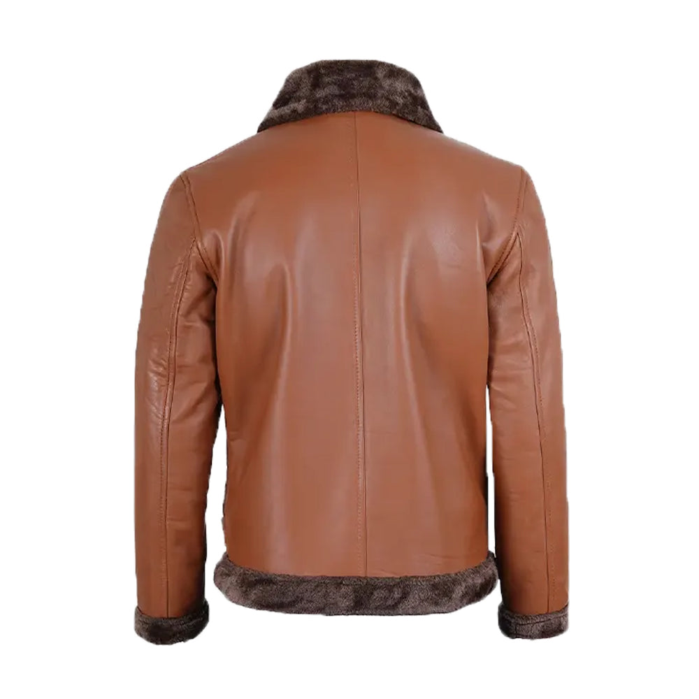 Men's Cognac Leather Shearling Bomber Jacket
