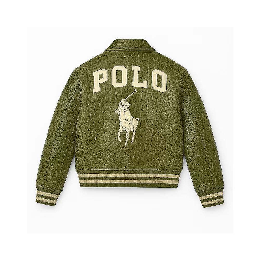 Men's Green Leather Bomber Jacket Polo Varsity Style, Retro Outerwear