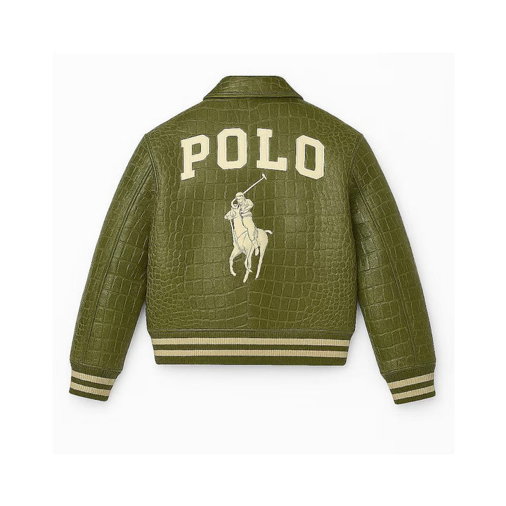 Men's Green Leather Bomber Jacket Polo Varsity Style, Retro Outerwear