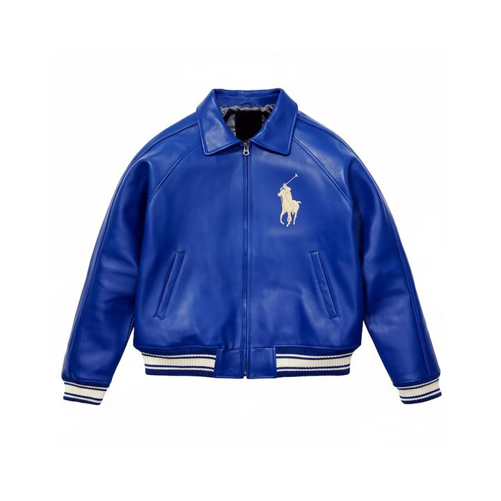 Men's Blue Cowhide Leather Varsity Jacket