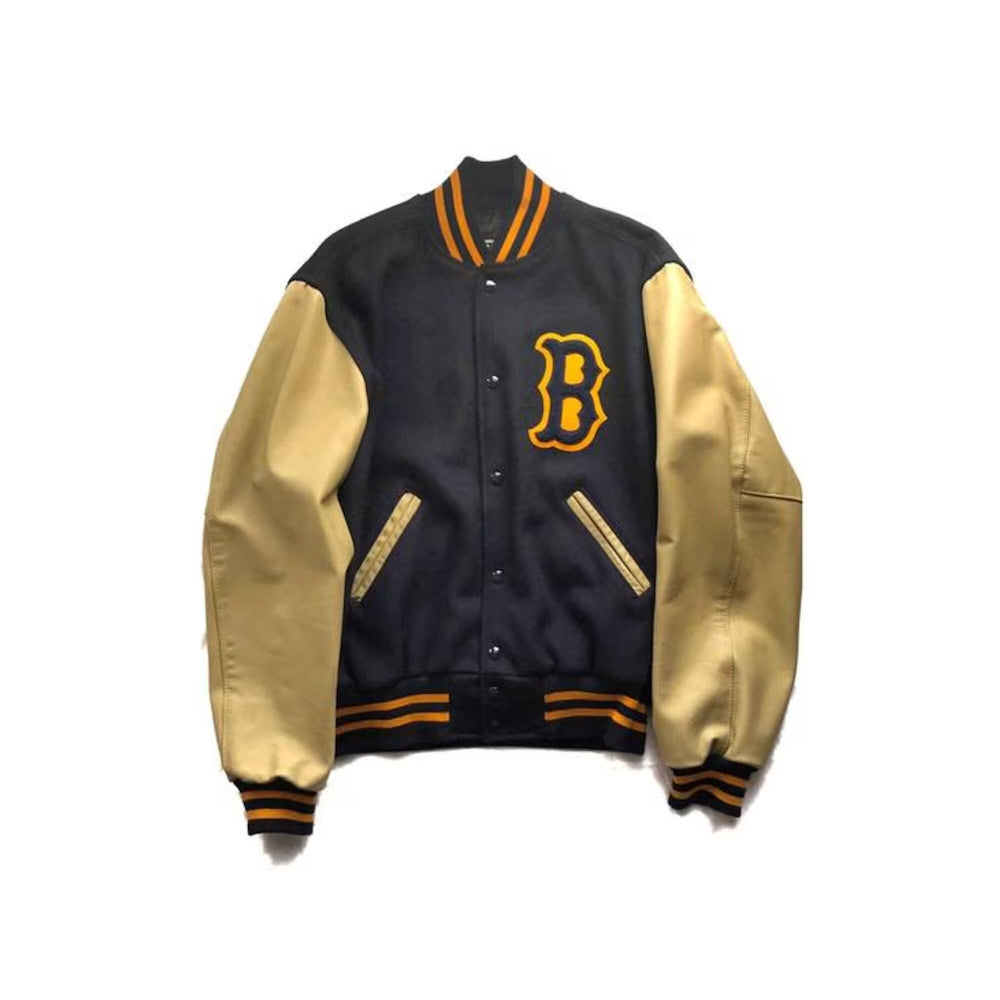Classic Wool Men Letterman Varsity Jacket With Leather Sleeves