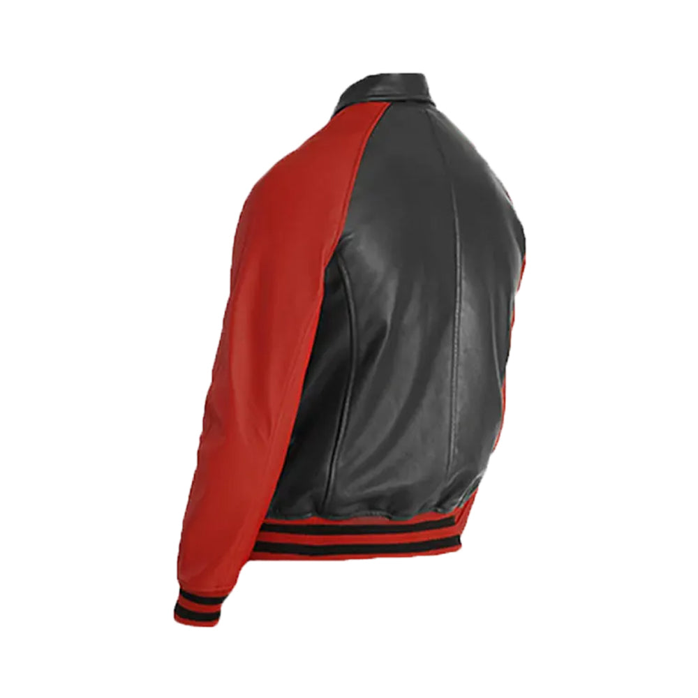 Men's Black & Red Leather Collar Varsity Jacket