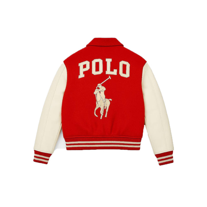 Red Cream Wool Varsity Jacket Embroidered Polo Rider Leather Bomber