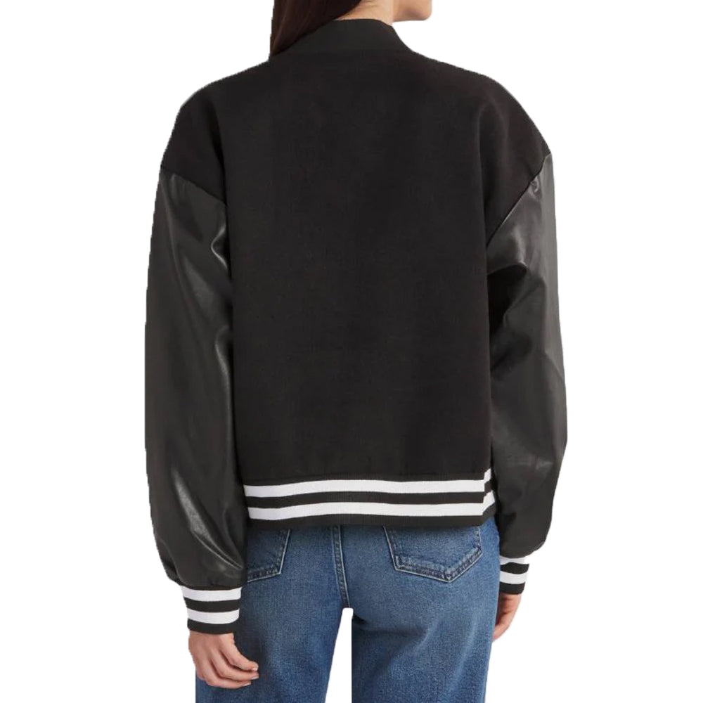 Women's Black Lettermen Bomber Jacket With Leather Sleeves