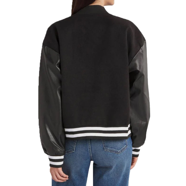 Women's Black Lettermen Bomber Jacket With Leather Sleeves