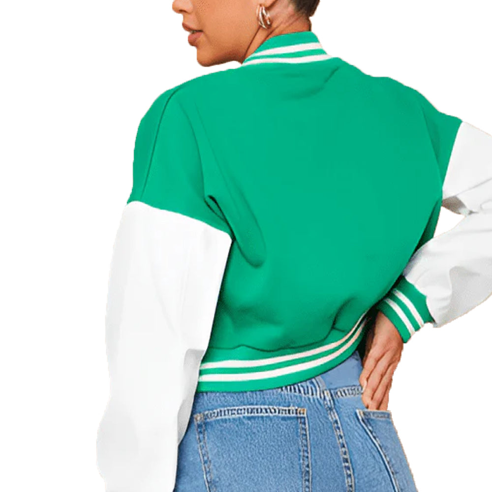 Women’s Cropped Varsity Leather Jacket In Green