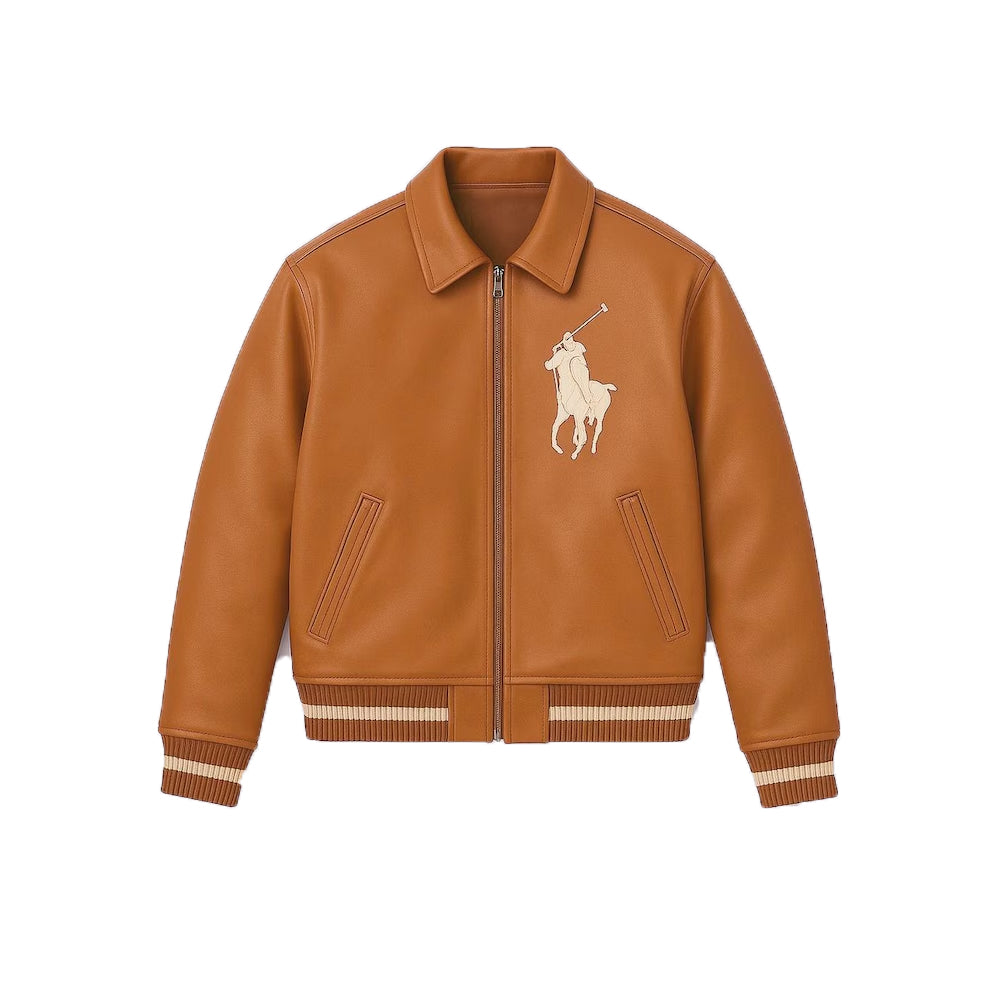 Camel Brown Wool Varsity Jacket Embroidered Polo Rider Leather Bomber