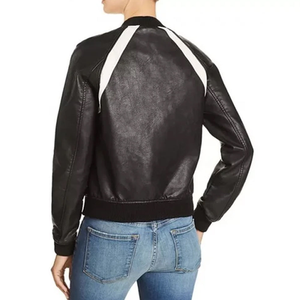 Casual Baseball Collar Black Leather Bomber Jacket