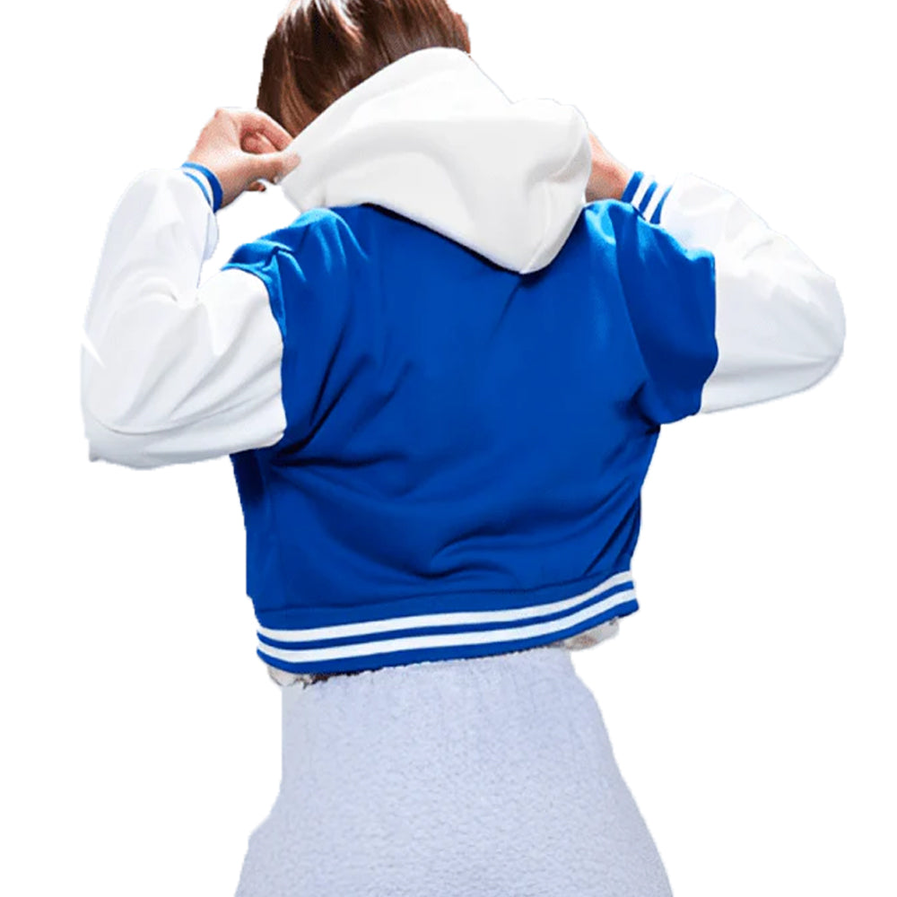 Women’s Cropped Varsity Bomber Leather Jacket In Blue