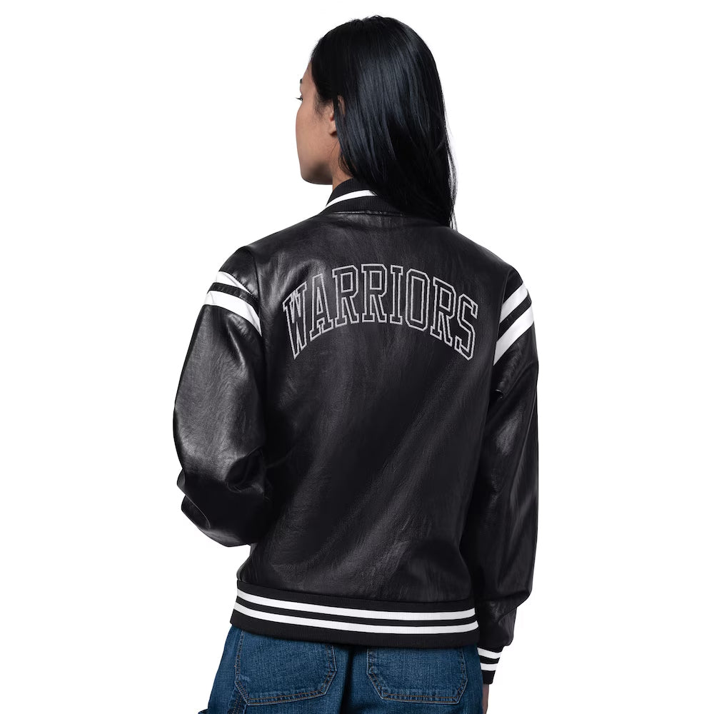 Women's Golden State Warriors Starter Black High Heat Leather Varsity Full-Snap Jacket