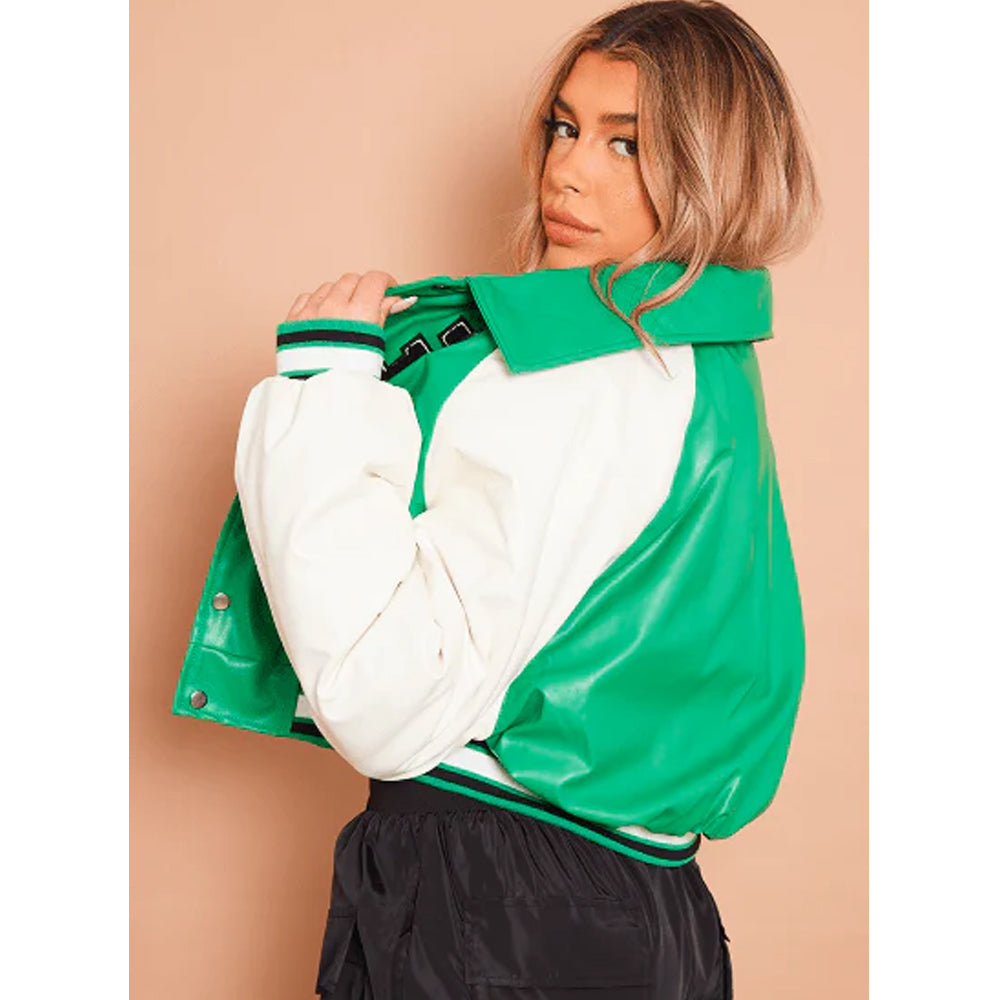 Women's Green Varsity Bomber Leather Jacket with White Sleeves - Classic and Vibrant