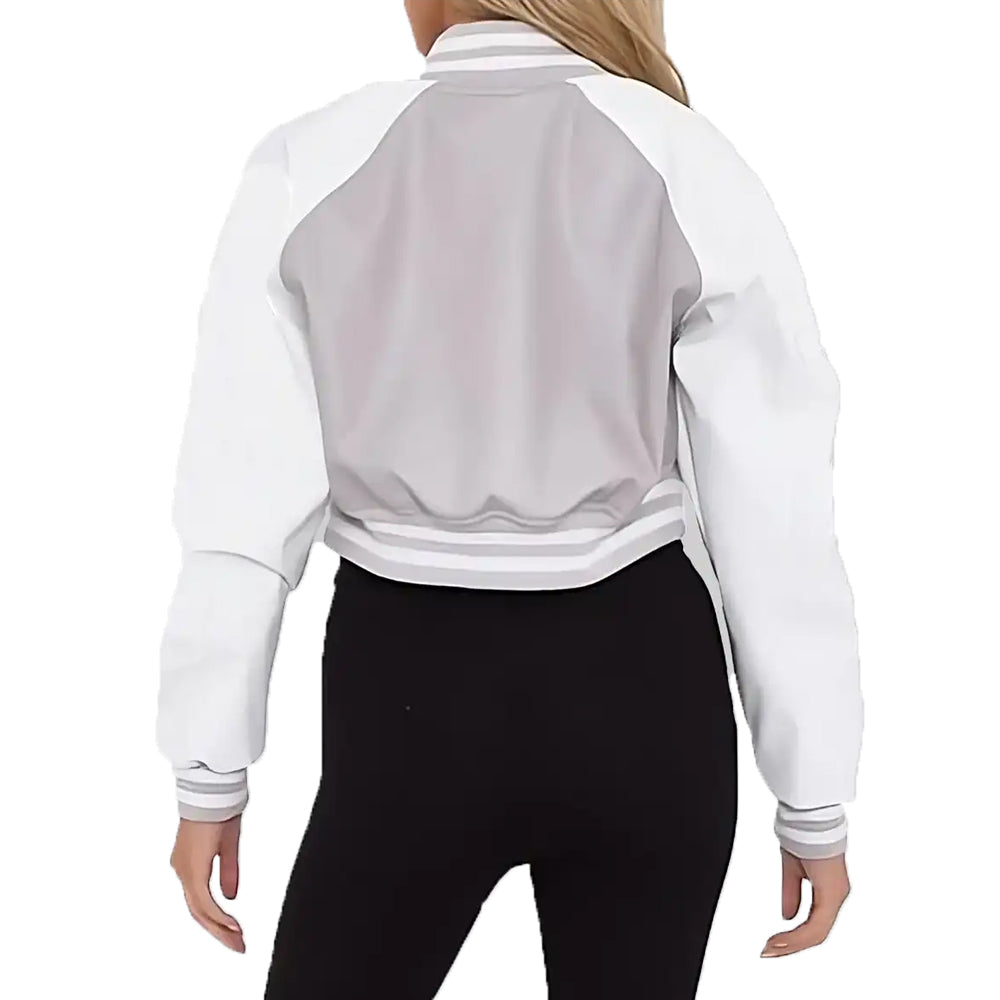 Women’s Grey and White Leather Varsity Jacket