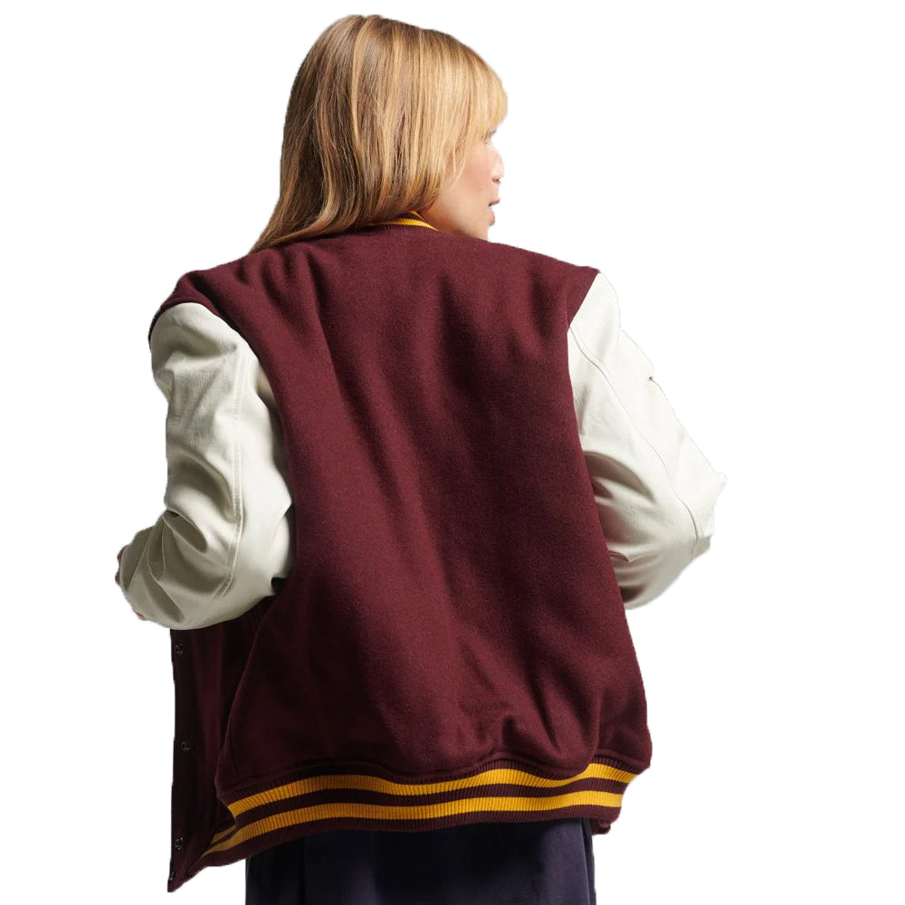 Women’s Varsity Leather Bomber Jacket In Maroon & White Sleeves