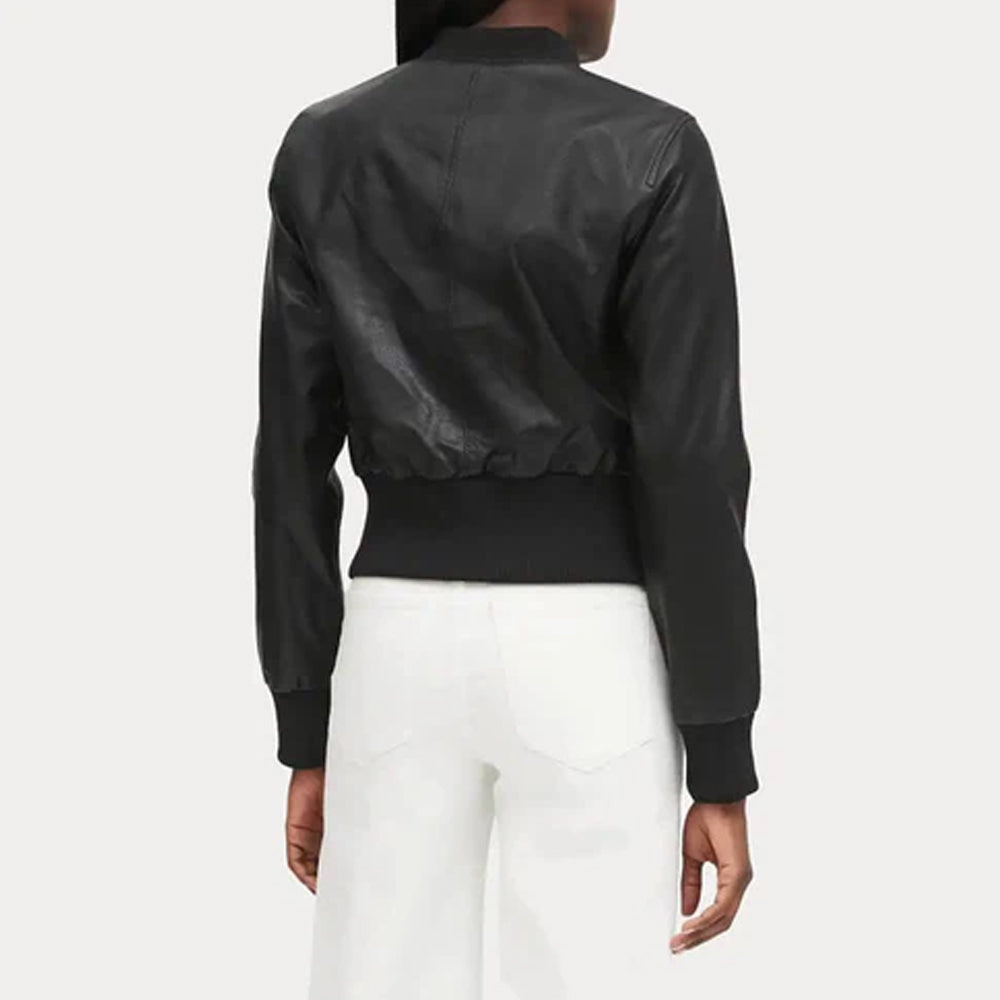 Women’s Cropped Ribbed Cuff Black Bomber Jacket