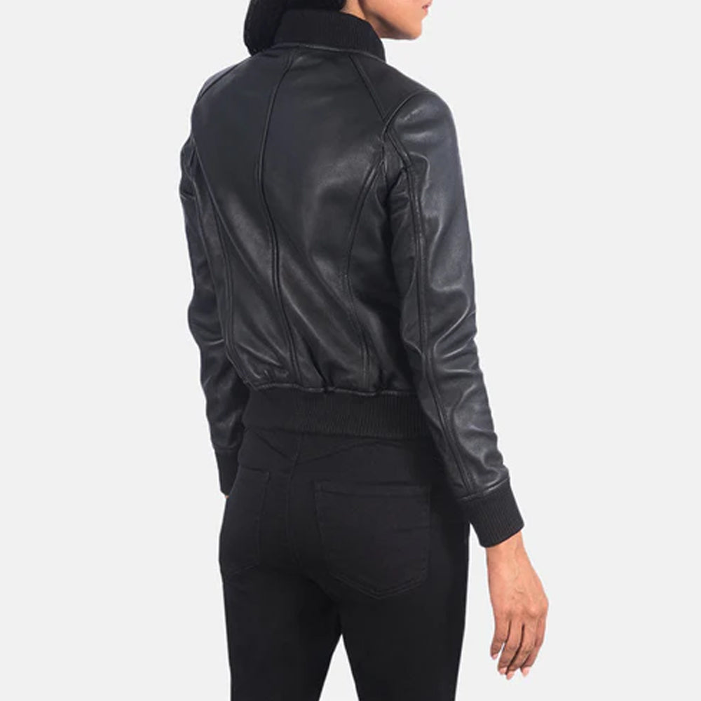 Classic Ladies Black Leather Bomber Jacket