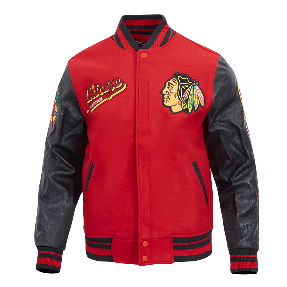 NHL CHICAGO BLACKHAWKS SCRIPT TAIL MEN'S RIB WOOL VARSITY JACKET