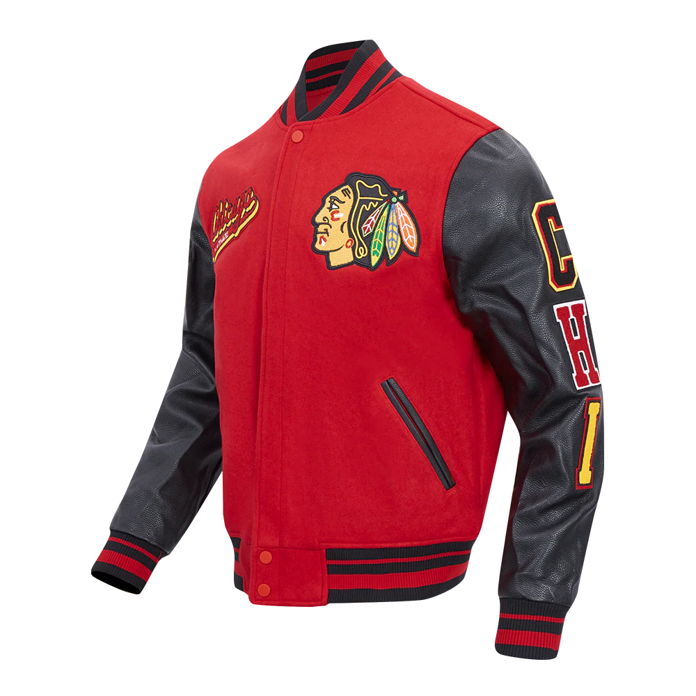 NHL CHICAGO BLACKHAWKS SCRIPT TAIL MEN'S RIB WOOL VARSITY JACKET
