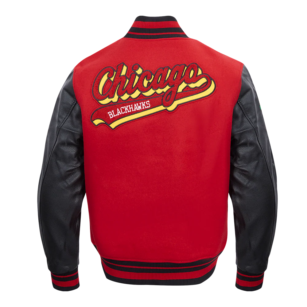 NHL CHICAGO BLACKHAWKS SCRIPT TAIL MEN'S RIB WOOL VARSITY JACKET