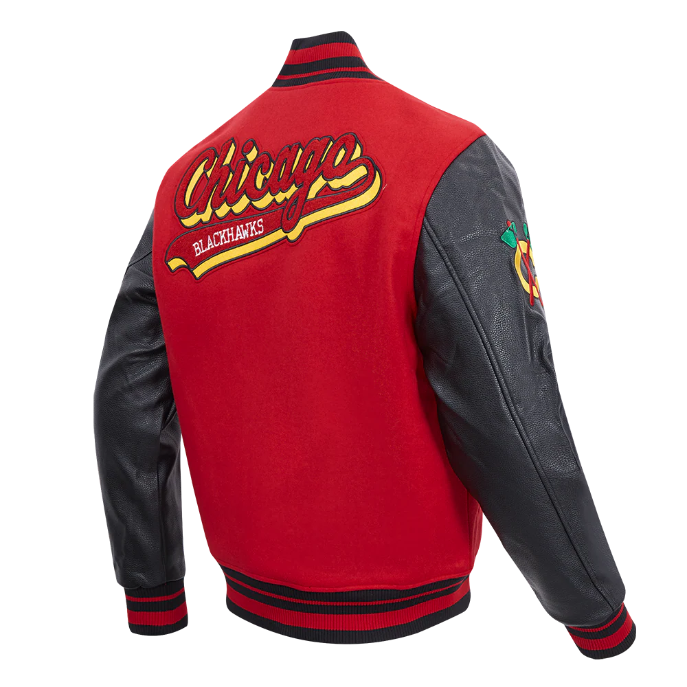 NHL CHICAGO BLACKHAWKS SCRIPT TAIL MEN'S RIB WOOL VARSITY JACKET